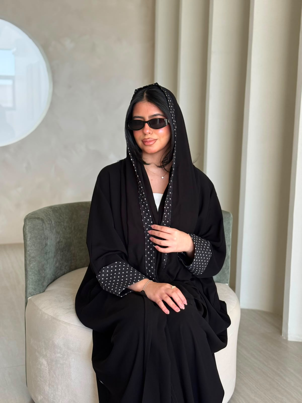 Hooded Polka-Dot Trim Abaya